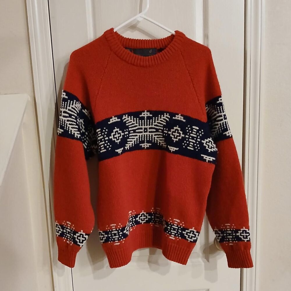 Vintage 70s Hunting Horn 100% Shetland Wool Colorblock Snowflake Sweater M